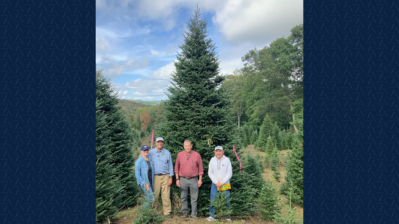 Members of the Cartner family stand with a Christmas tree in a field