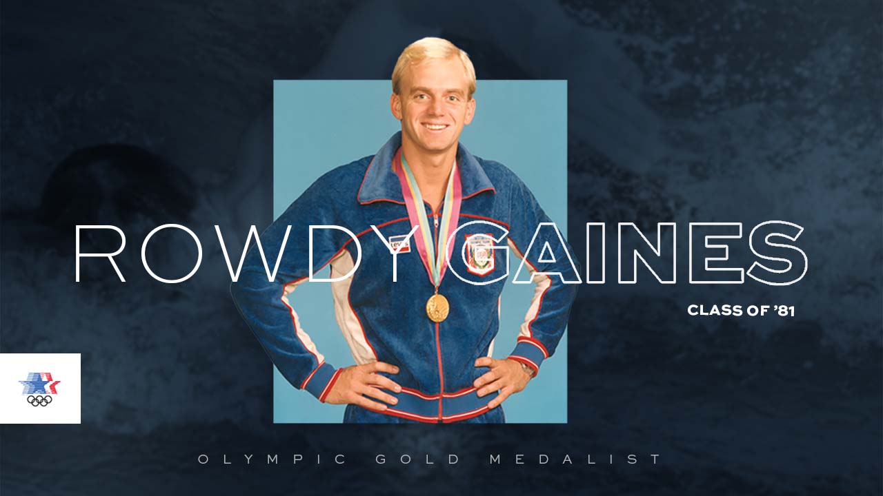 Rowdy Gaines poses with Olympic gold medal.