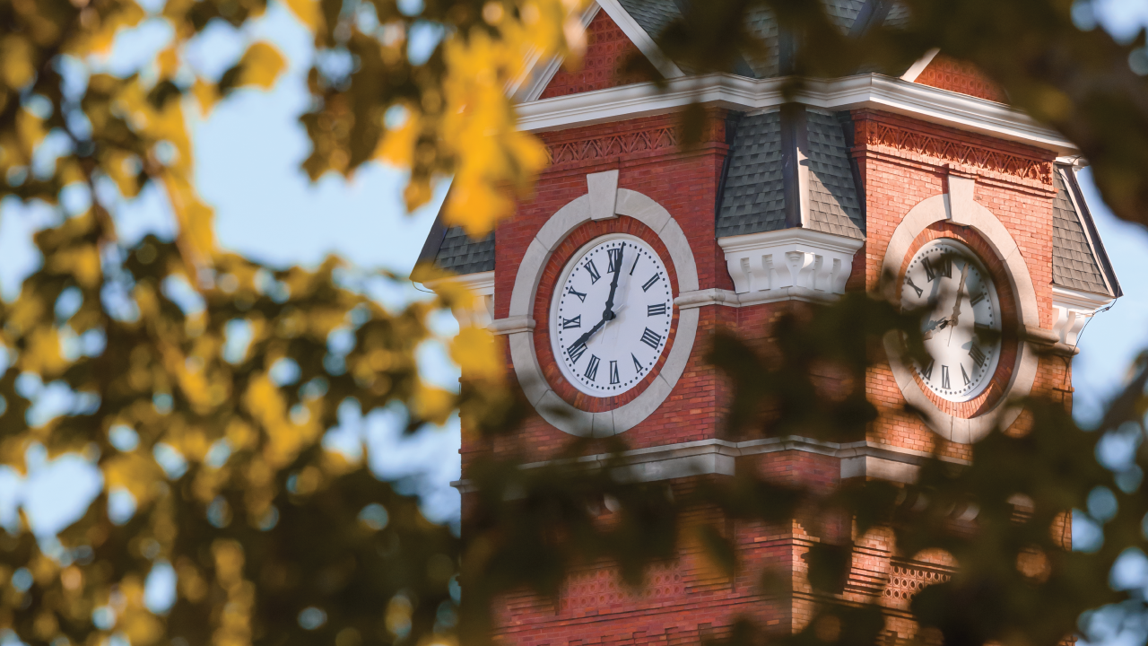 Samford Hall with orange tree leaves in the fall. 