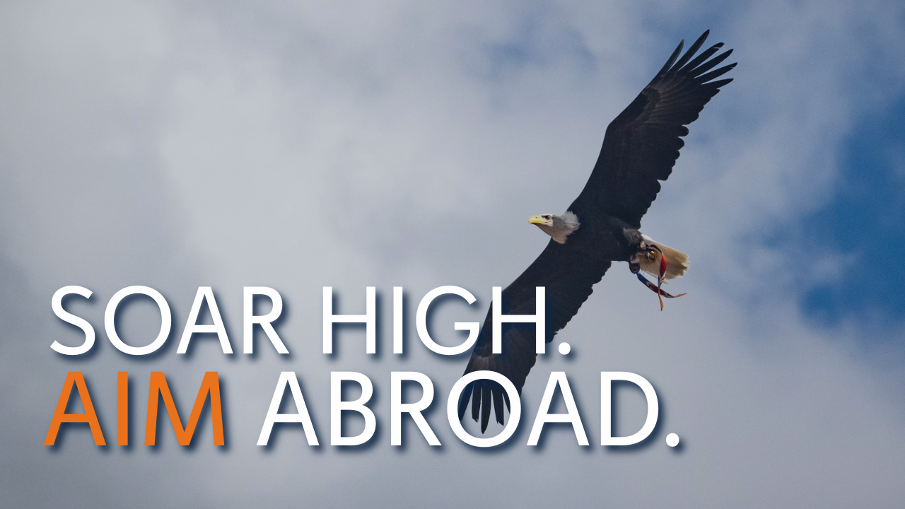 Eagle flying over clouds and blue sky; Text that reads Soar high. Aim abroad.