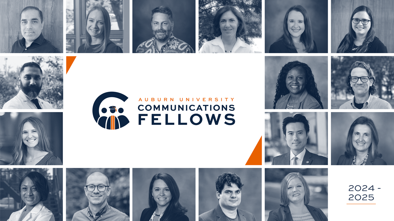 Graphic with images of all 17 cohort members of the Communications Fellows Program