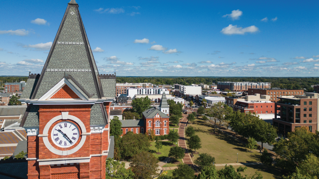 Samford Hall skyline view of campus. 