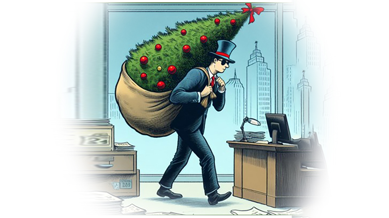 A man dressed in a business suit carries a Christmas tree in a sack on his back through an office