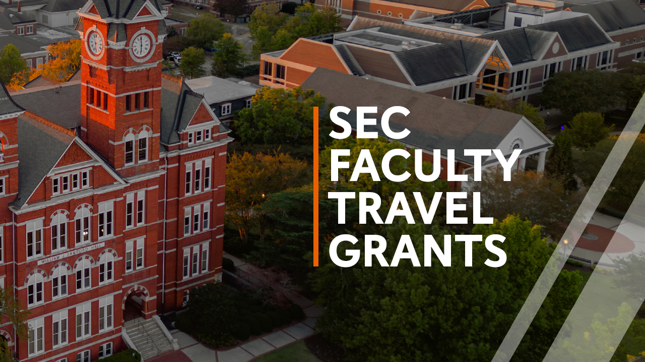 Image of Samford Hall with white text overlay reading SEC Faculty Travel Grants