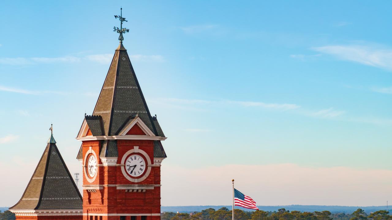 Samford Hall skyline view of campus. 