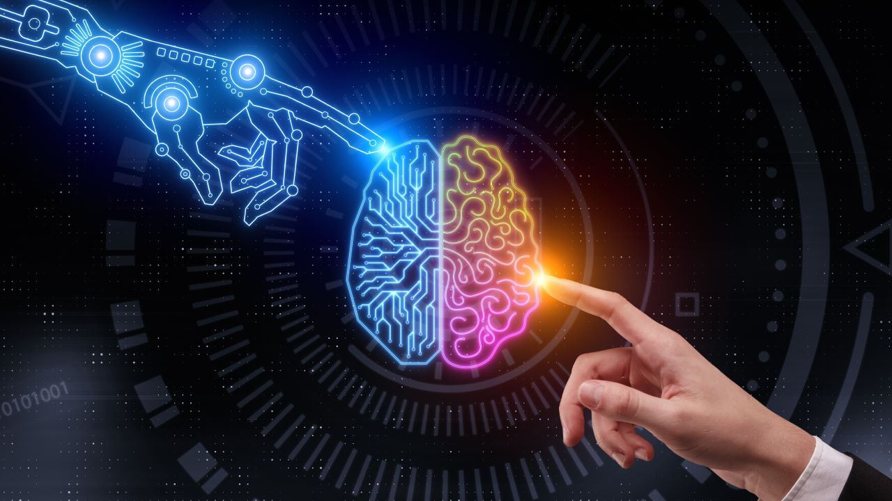 A drawing of a human brain in the center, with a human hand touching its right side and an artificial, computerized hand touching its left side