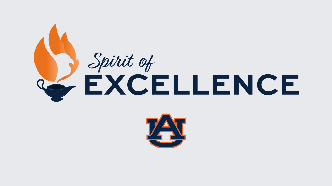 Spirit of Excellence text with a lamp icon and Auburn University logo.