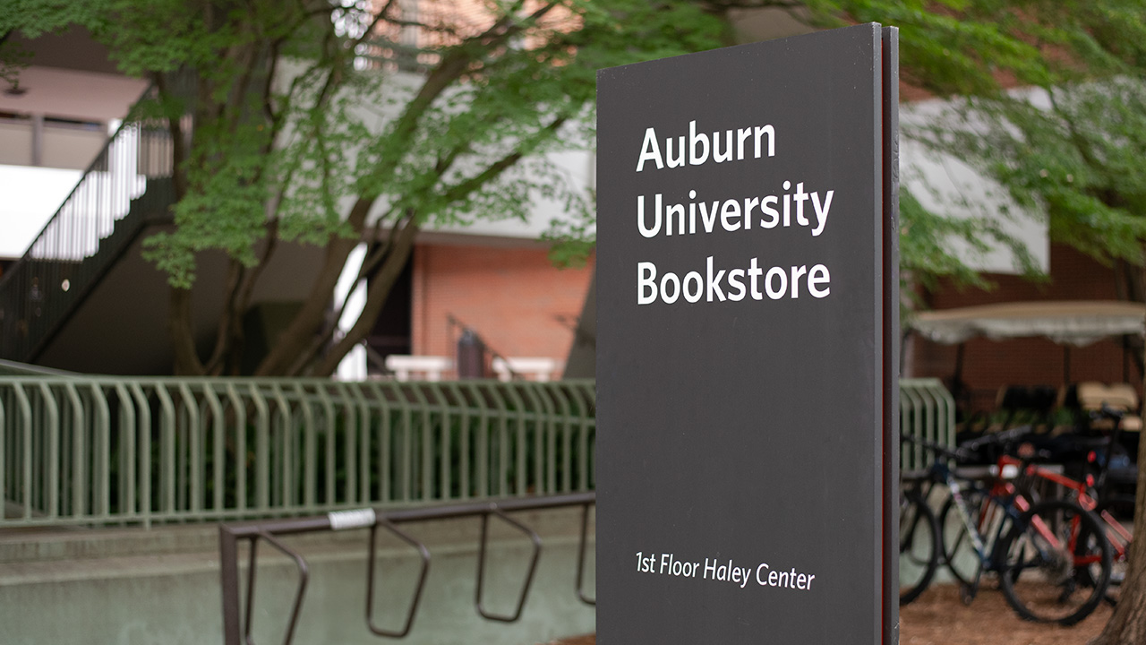 Auburn University Bookstore sign outside of Haley Center