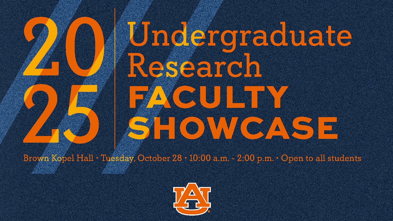 Graphic says 2025 Undergraduate Research Faculty Showcase. Brown Kopel Hall. Tuesday, October 28. 10 a.m.-2 p.m. Open to all students