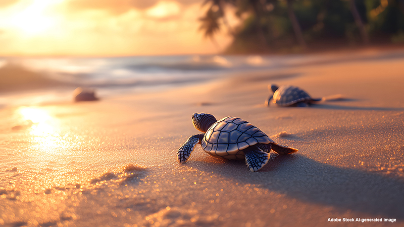 Sea turtle hatchlings on beach