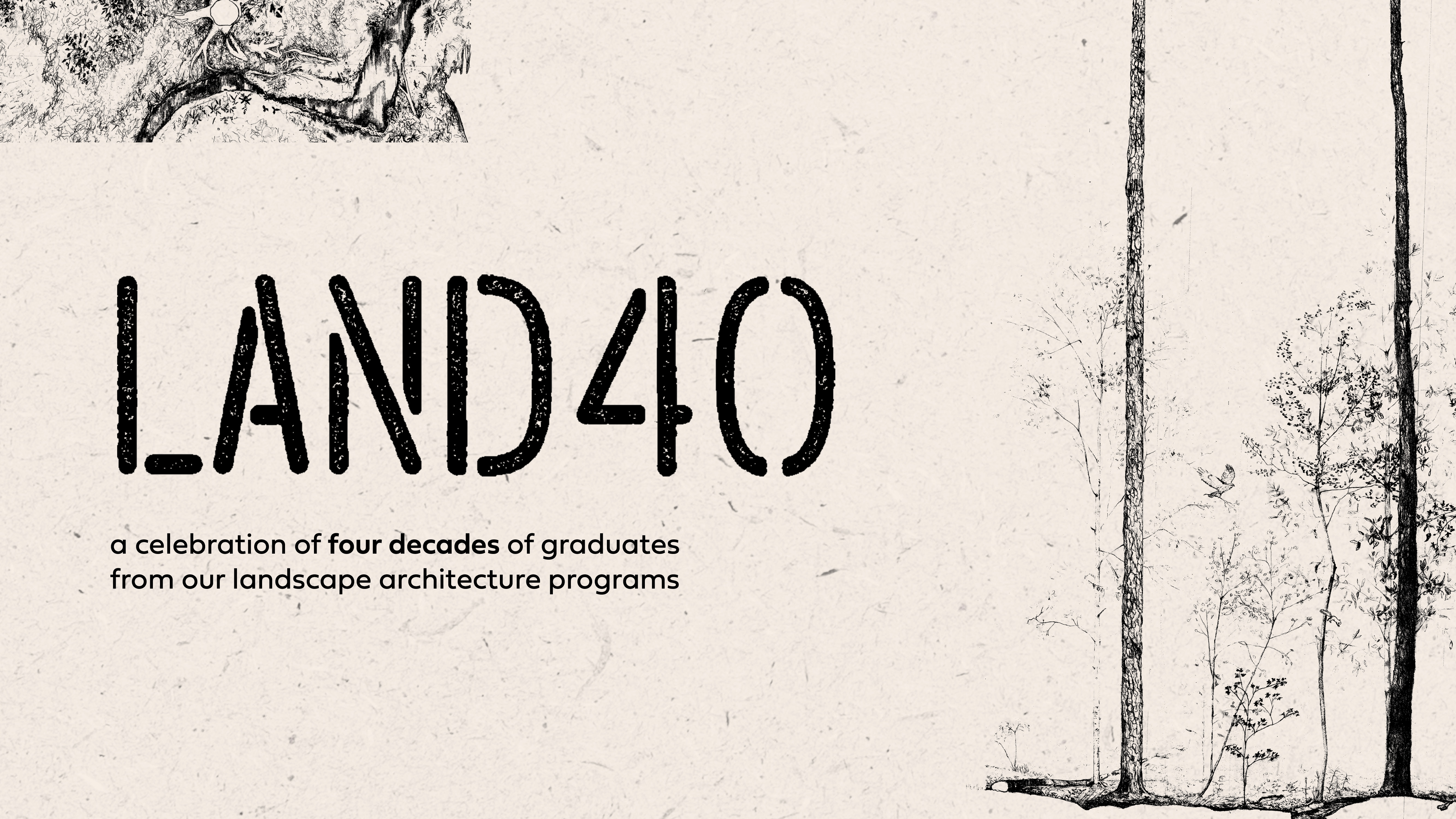 branding for LAND40, with landscape drawings and stamped type on creme paper