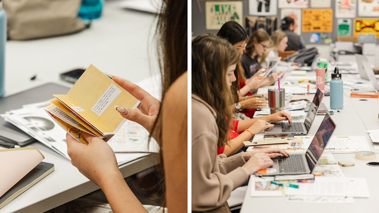 A student holding a small booklet; students in a graphic design studio using laptops