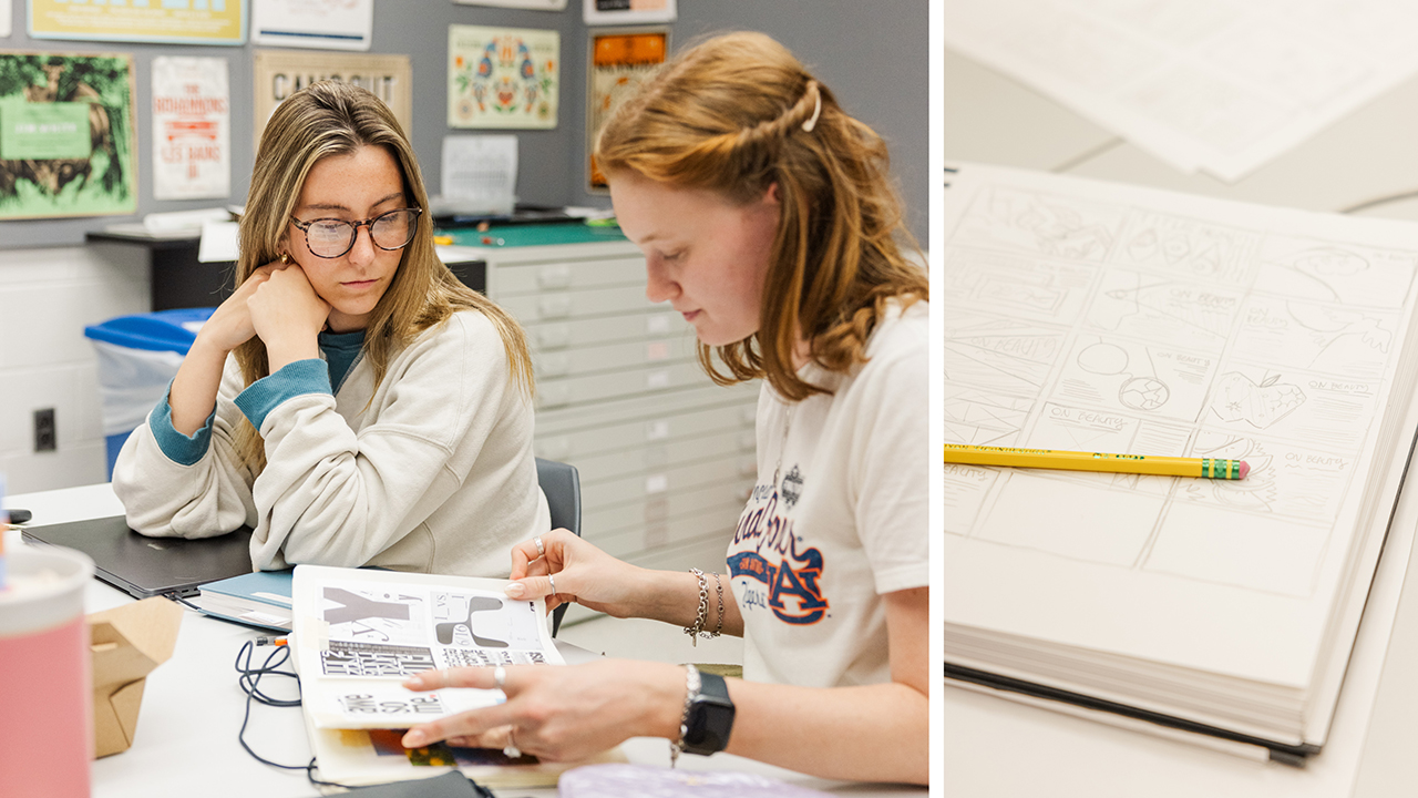 Students reviewing sketches for a poster design