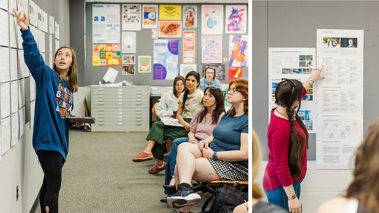 Graphic design students presenting their research for an app design