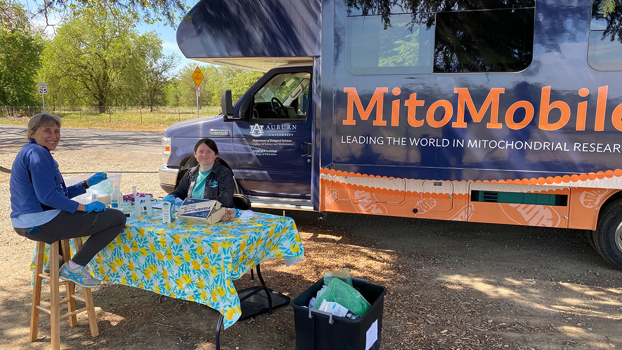 Wendy Hood and Emma Rhodes are seated a table next to a van labeled the MitoMobile as they fix samples for microscopes. 