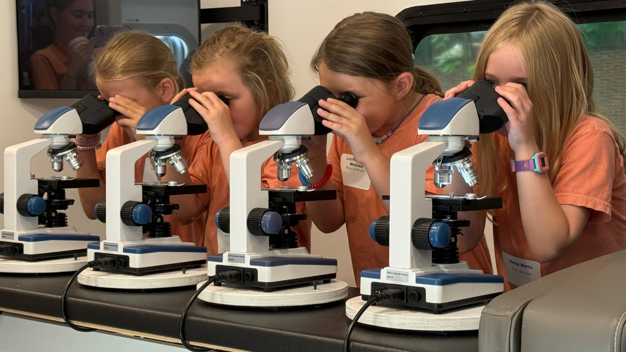Four young girls in matching orange shirts examine specimens through microscopes at a science camp, focusing intently on their observations.