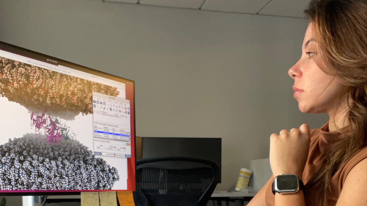 Raissa Santos de Lima Rosa looking at a 3D molecular model of collagen on a computer screen in a research lab.