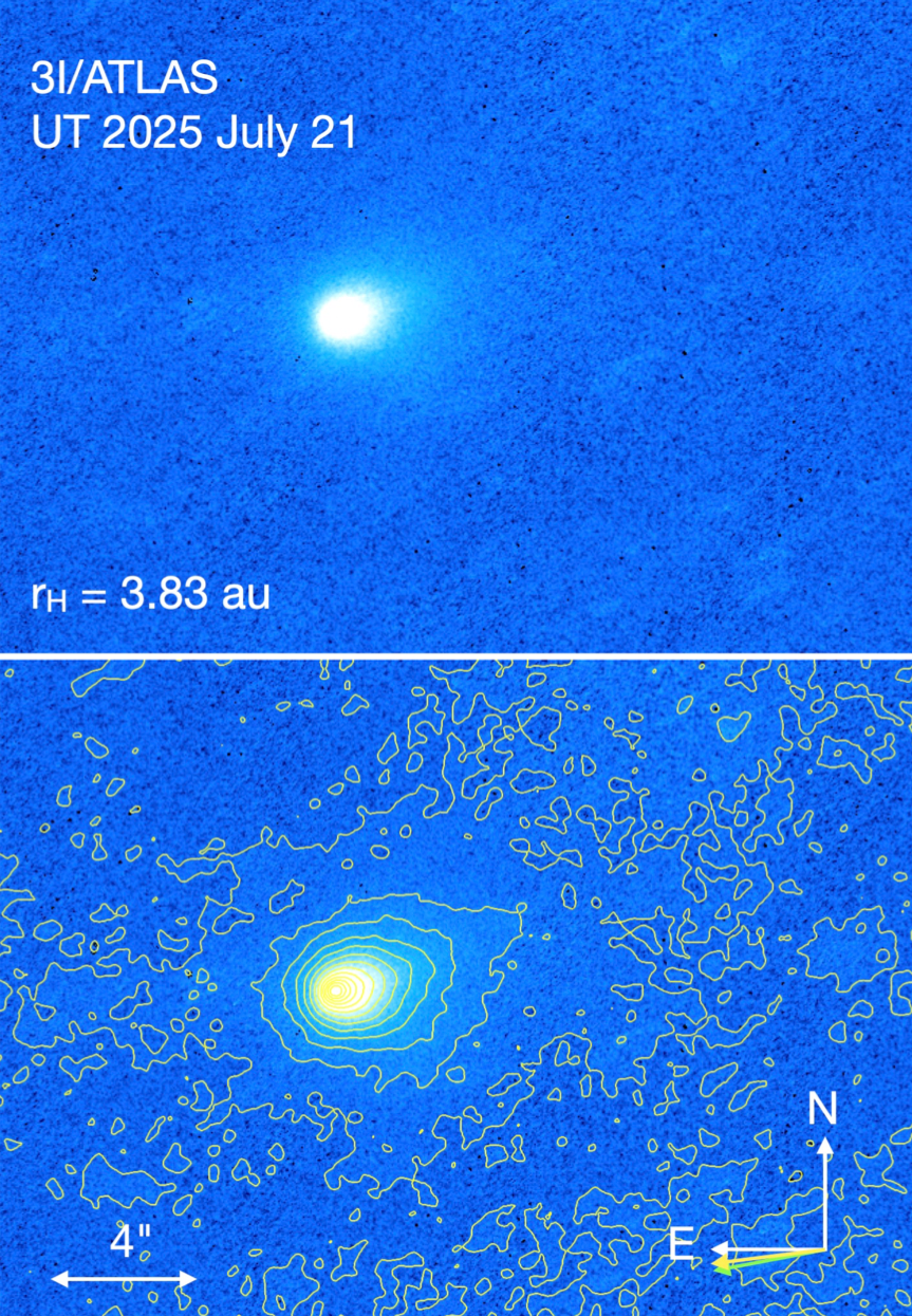 Ultraviolet image of interstellar object 3I/ATLAS taken by NASA’s Swift satellite, showing a bright core and surrounding contours of gas and dust.