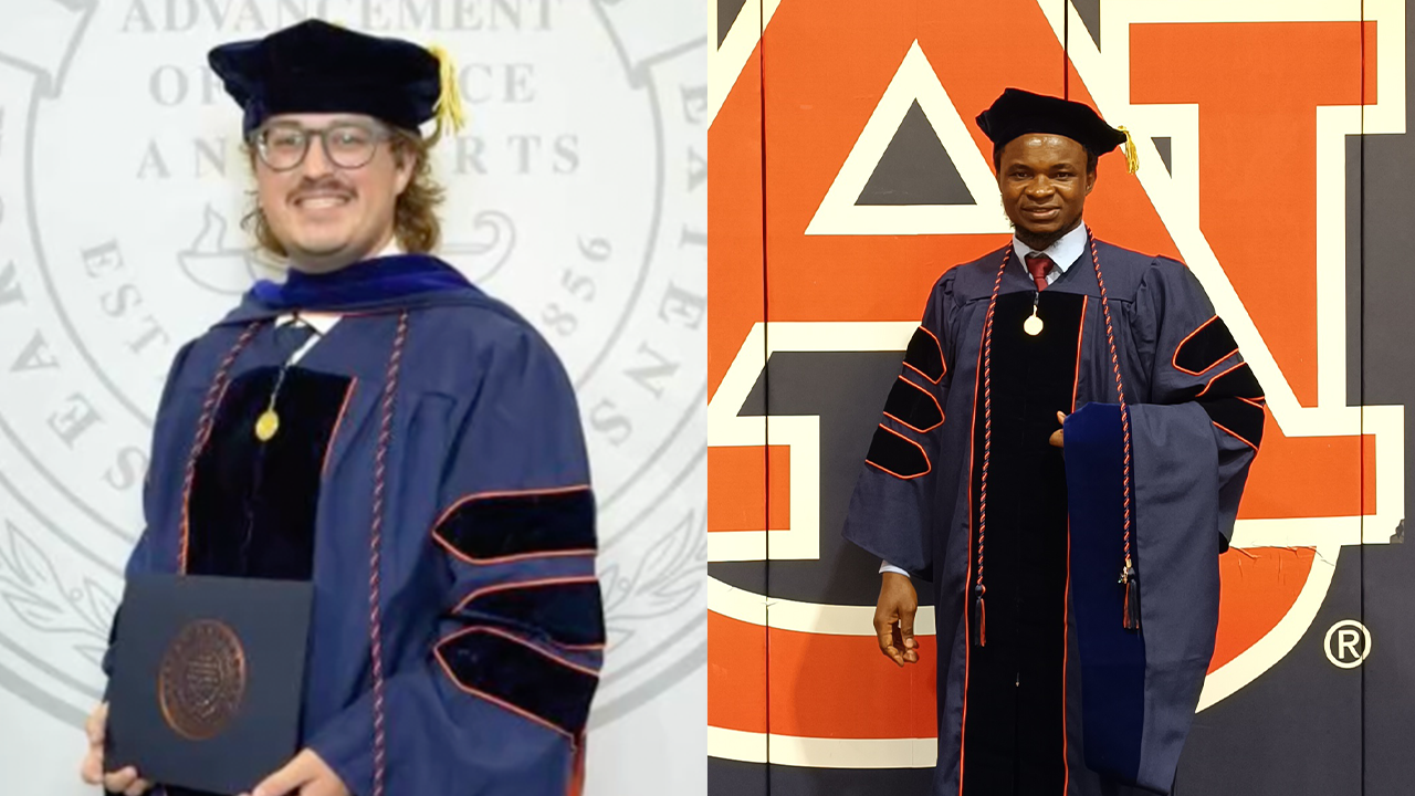 A split-screen composite shows two doctoral graduates in full academic regalia. On the left, a graduate stands in front of an Auburn University seal, holding a diploma. On the right, another graduate poses in front of the Auburn logo wall, smiling while wearing a medallion and holding his doctoral hood.