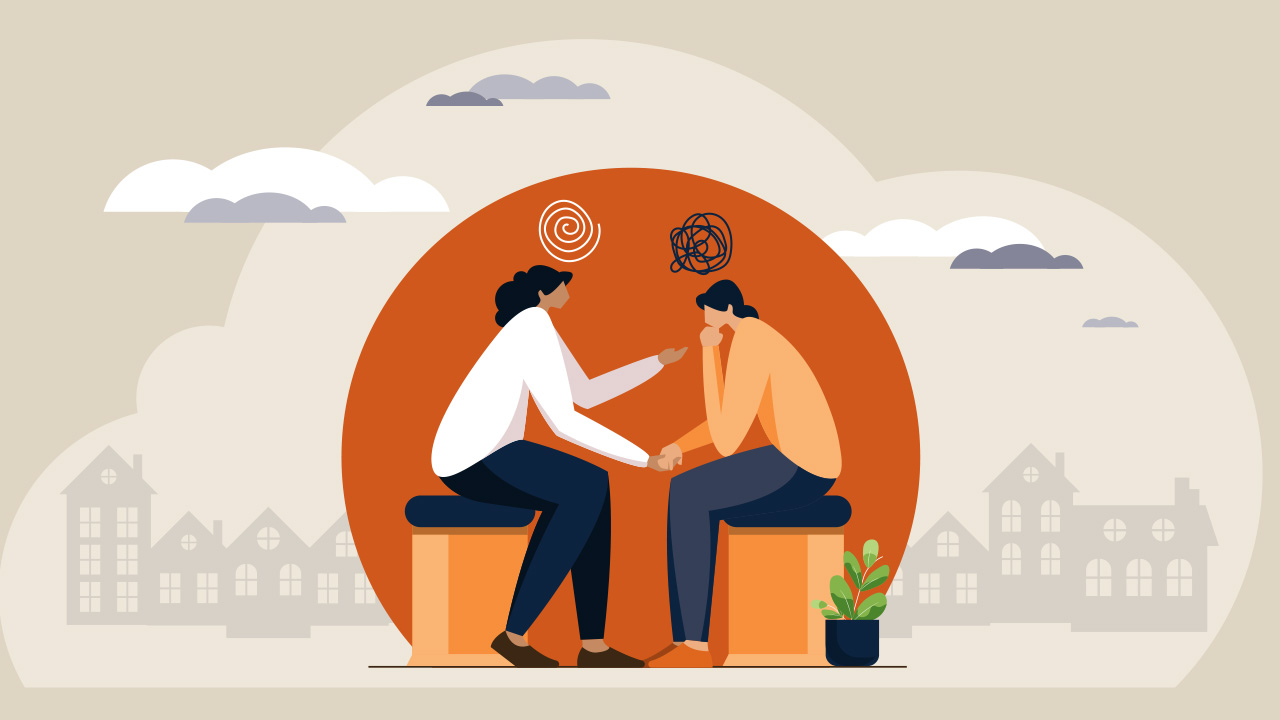 A graphic illustration shows a therapist seated and talking with a seated patient, with a dialogue box over each person