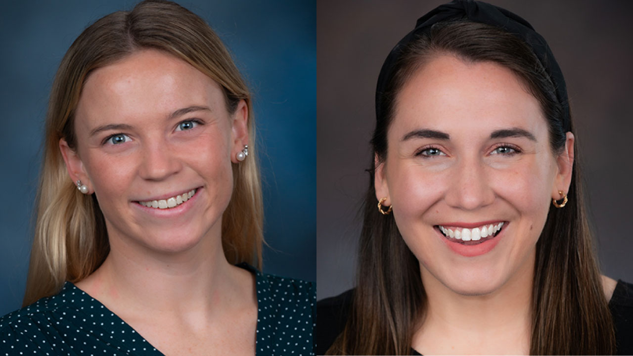 headshot of Taylor Davis who is blonde, female presenting and and wearing a blue top and Amy Flynn who is brunette, femaile presenting and wearing a black top 