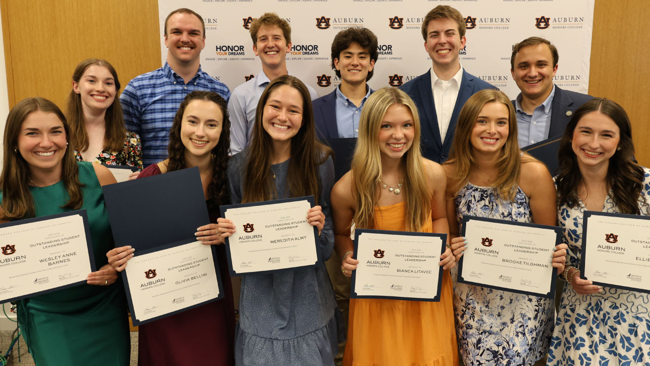 photos of honors ambassadors and student advisors in spring formal wear holding certificates of accomplishment