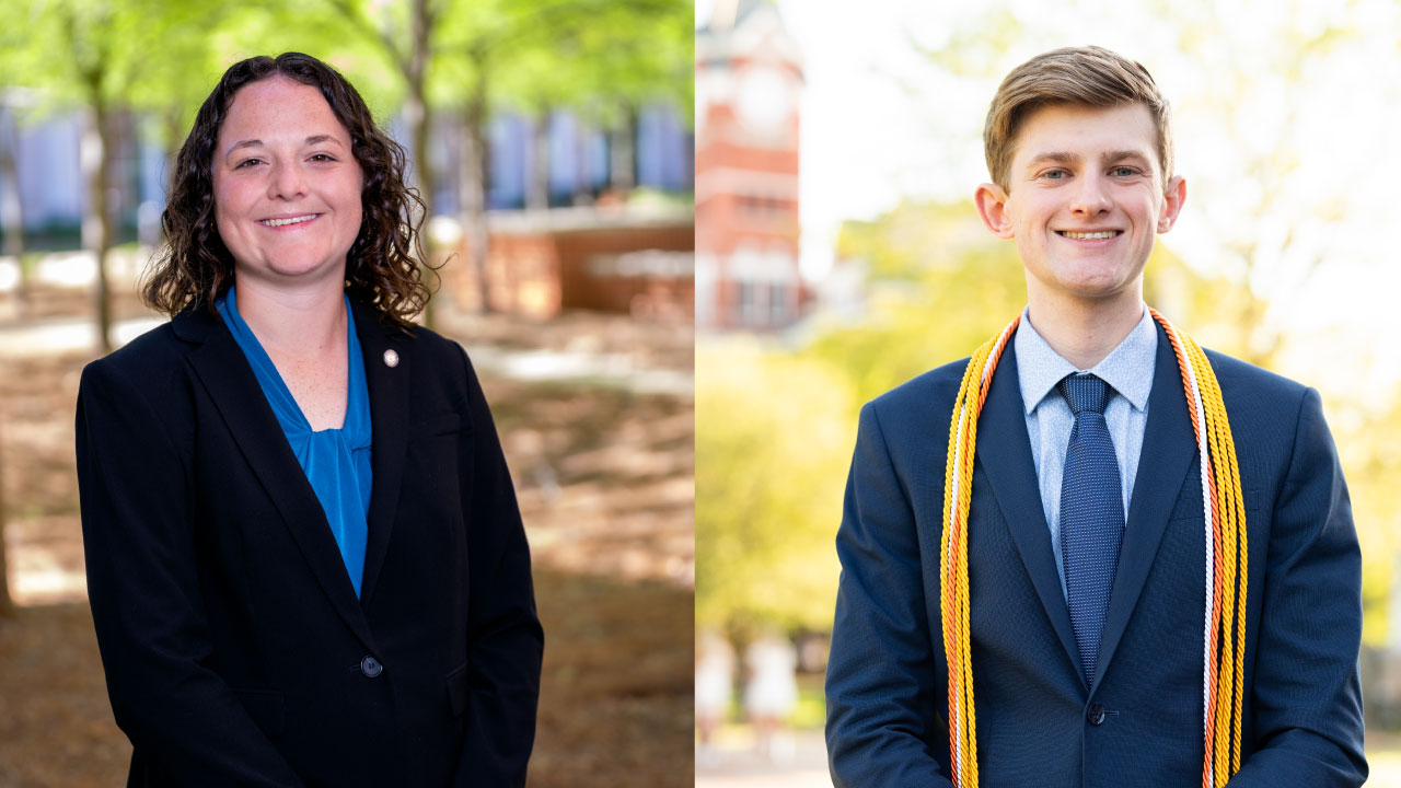 headshots of robin weaver and parker megginson. Robin is on the left an wearing a black suit standing outside, parker is standing outside with samford tower in the background and his honors cords on with a blue suit