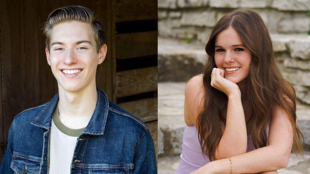 headshot of gavin grann on the left and caroline duncan on the left. both students are outside and wearing casual clothing