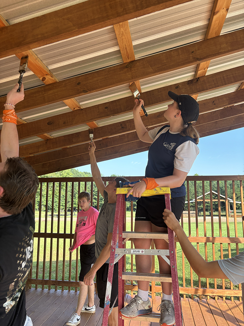 Group of people painting the wooden beams of an outdoor pavilion. One person is on a ladder while others use paintbrushes to reach the overhead beams. The setting is sunny with green grass and trees in the background. Participants wear casual clothing and orange wristbands.