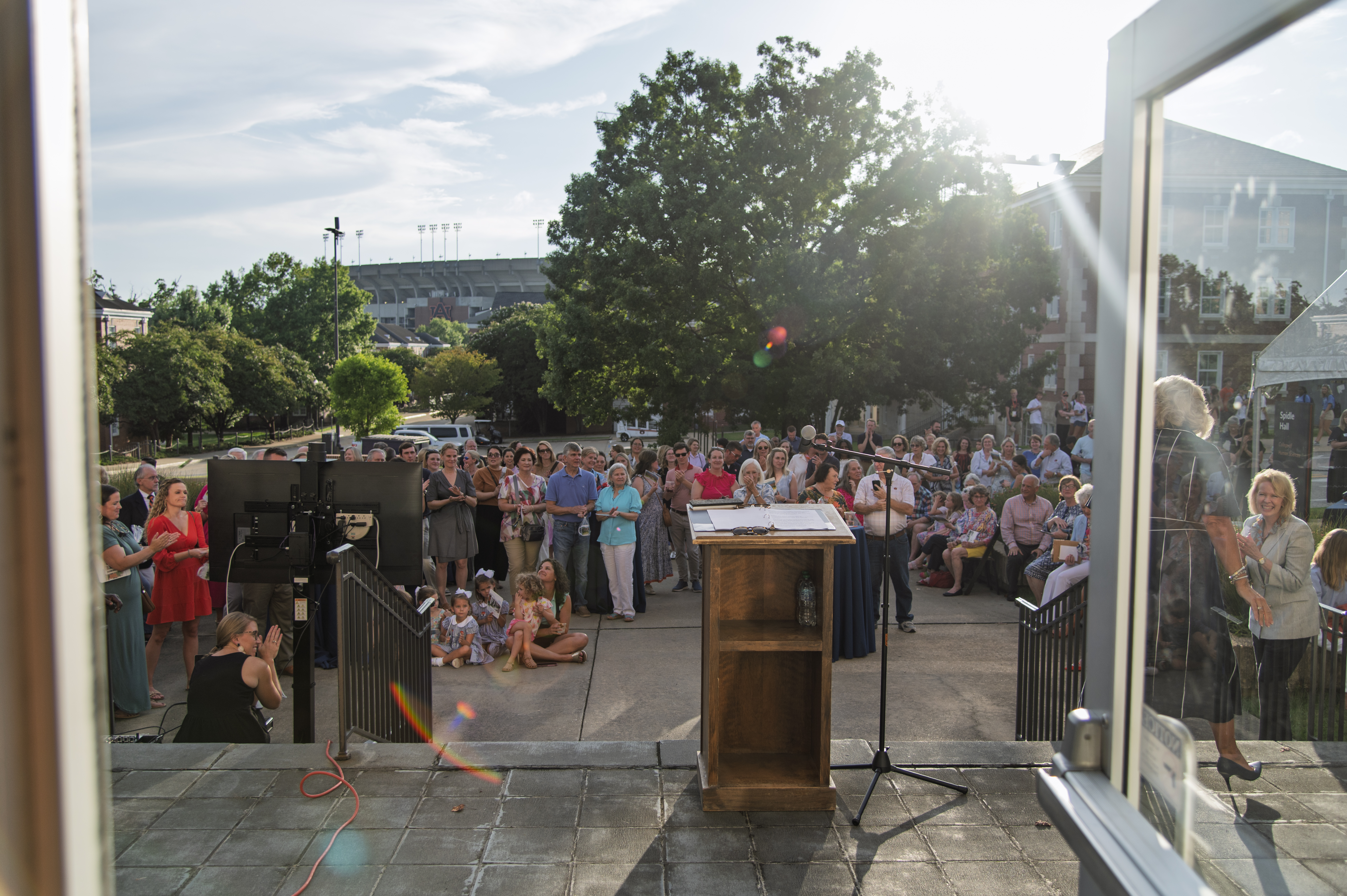 The crowd outside of Spidle Hall at the Farewell event