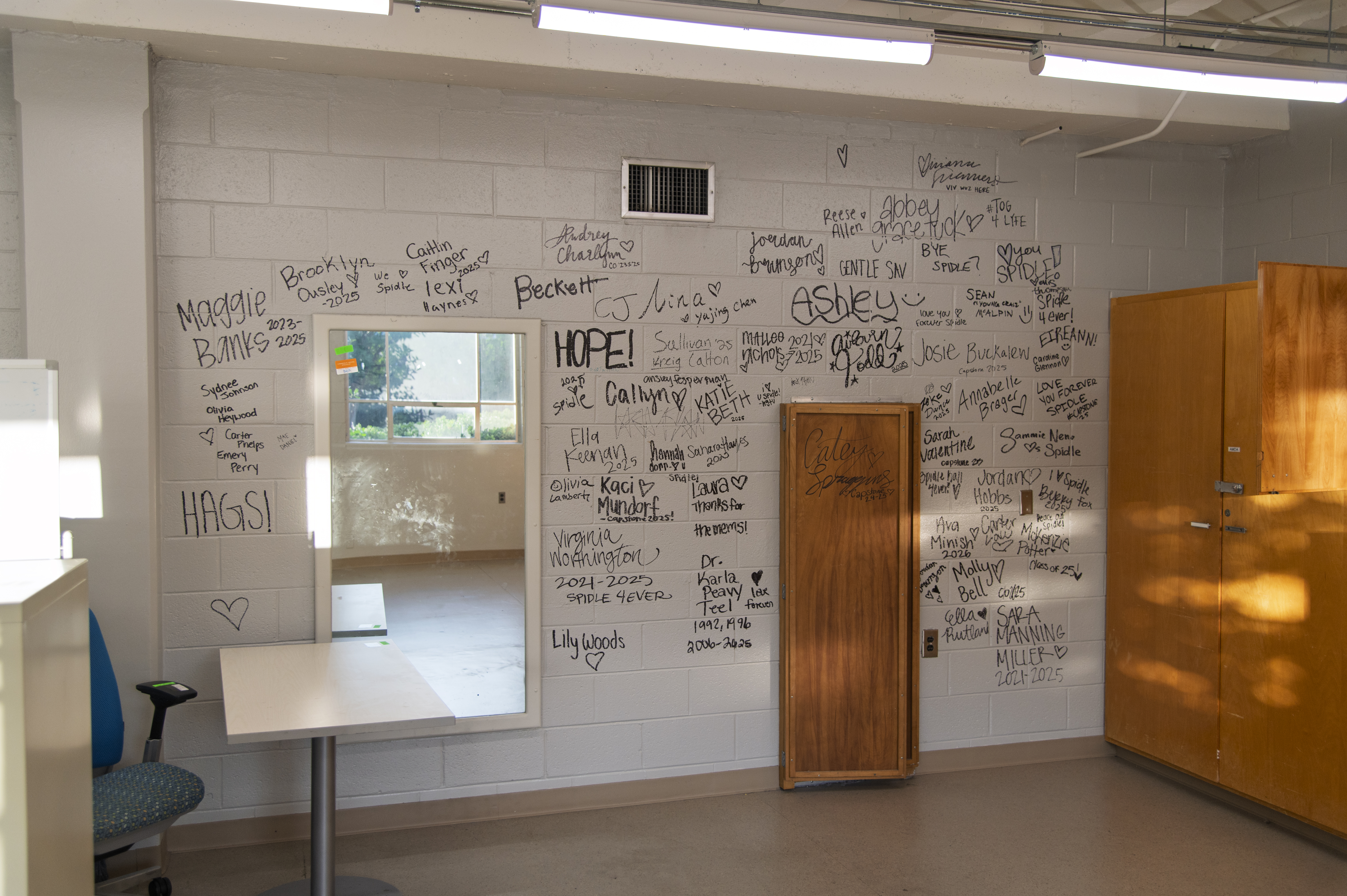 Signatures line the wall in a lab inside Spidle Hall