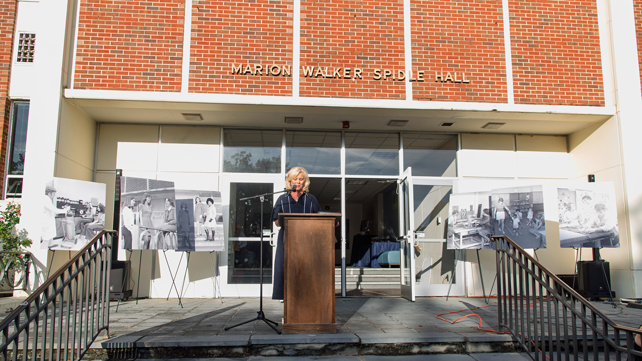 College of Human Sciences Dean Susan Hubbard speaks to guests at a Farewell to Spidle Hall event on July 17.