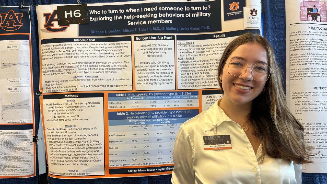Brianna Gordon presenting poster at research symposium