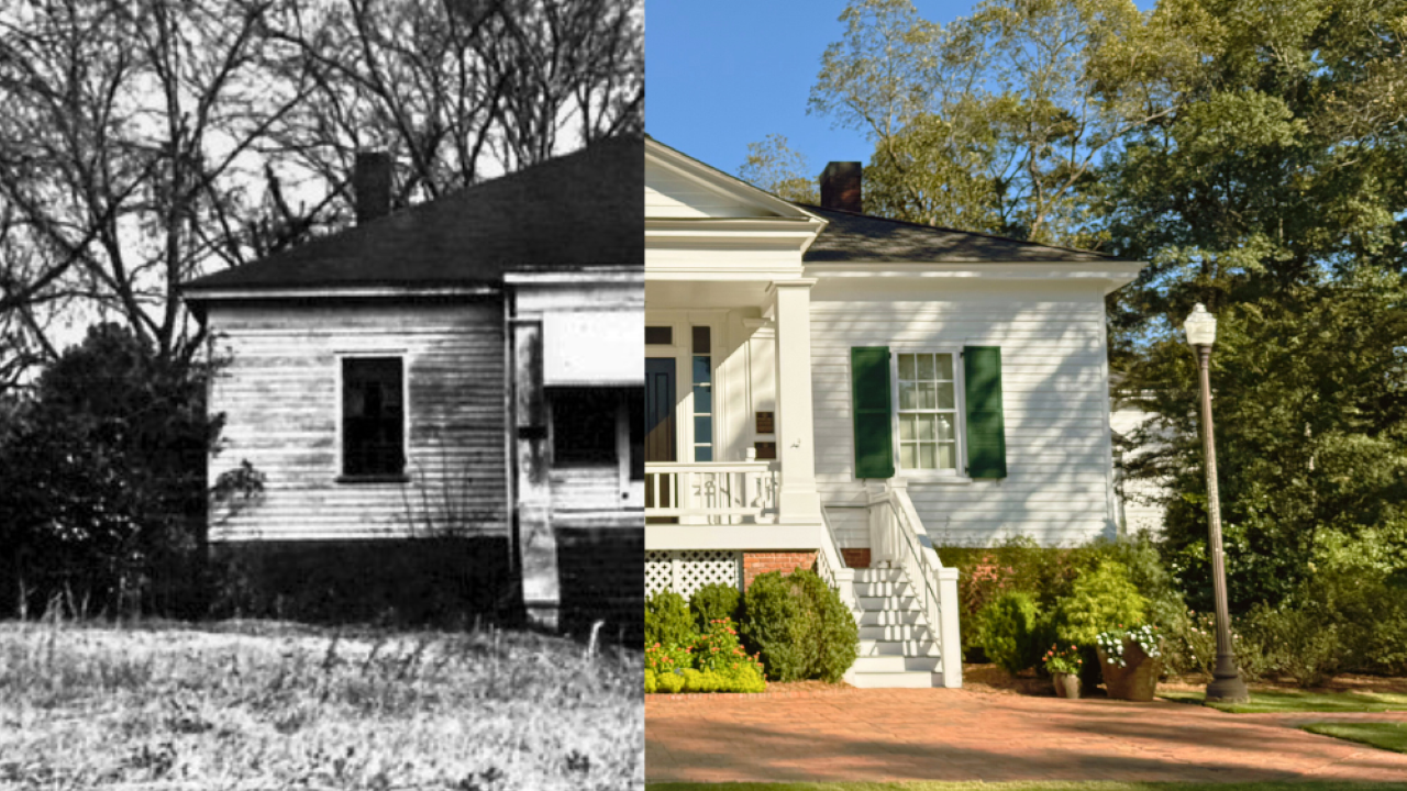 A split image of Pebble Hill, one half dark and showing disrepair in the 1970s and one half showing its bright, renovated facade that stands today