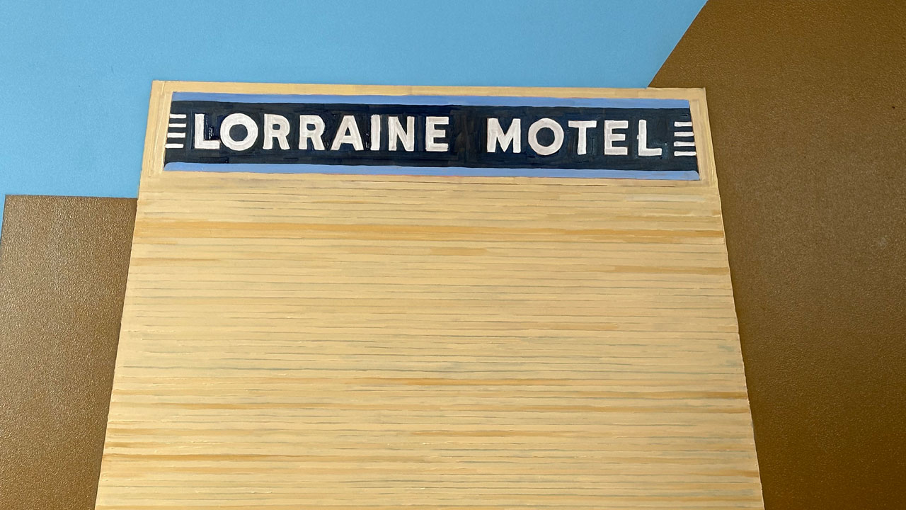 An oil painting of the signage at the Lorraine Motel 