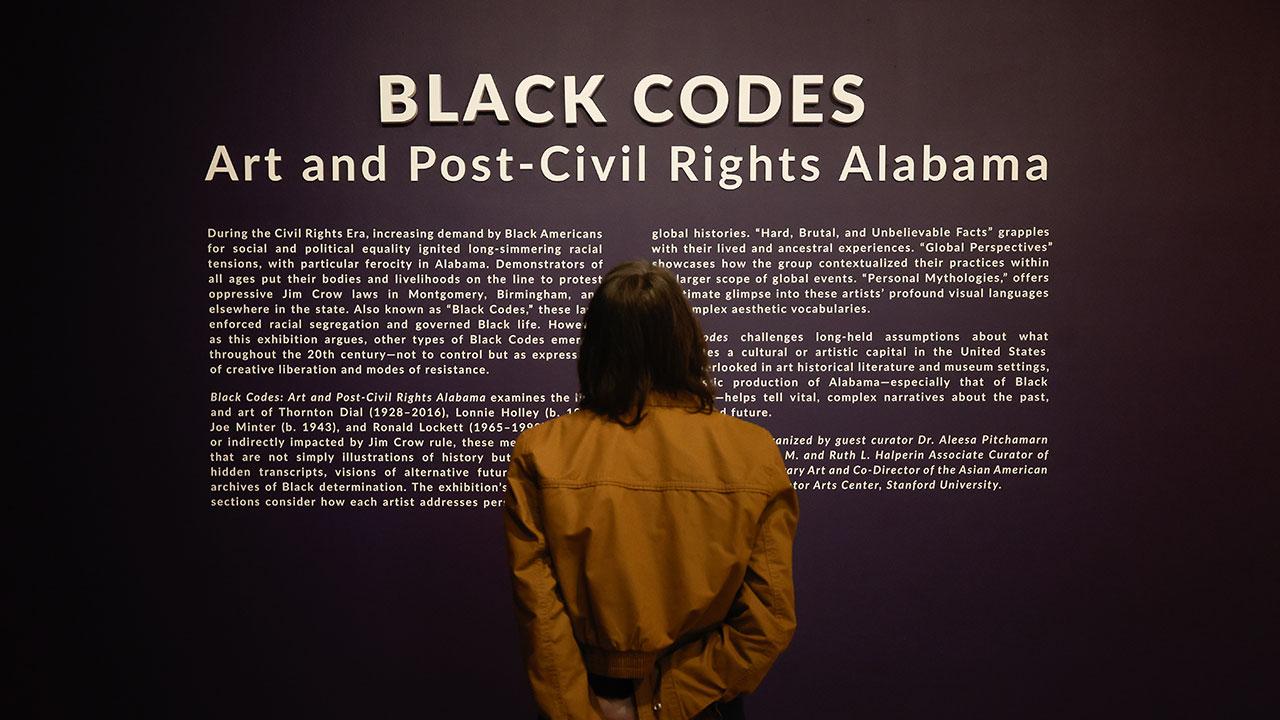A visitor reads the wall text for the Black Codes exhibition. Photo by Stew Milne.