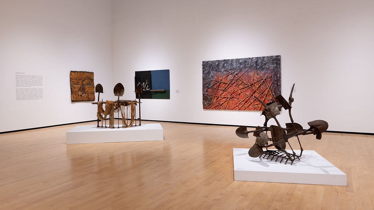 Installation view of pieces in the Black Codes exhibition.