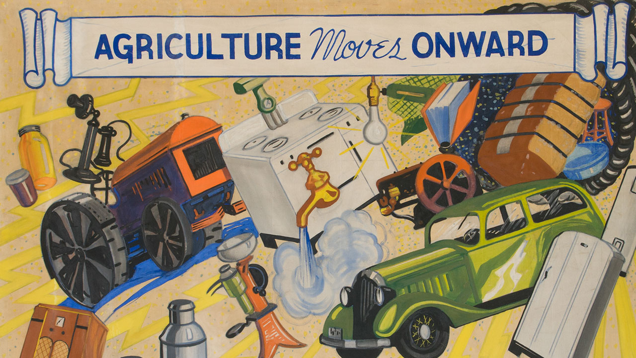 A hand-painted mural depicting surrealist imagery of agricultural innovations of the early 20th century
