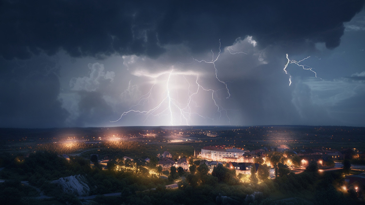 Lightening lights up the sky over a landscape that includes trees and residential neighborhoods