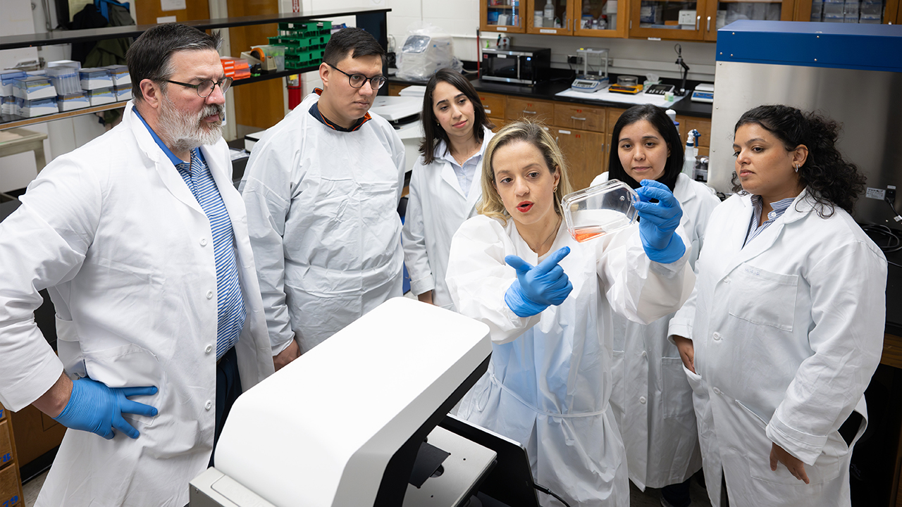A team of scientists analyze contents of a flask in a laboratory environment.