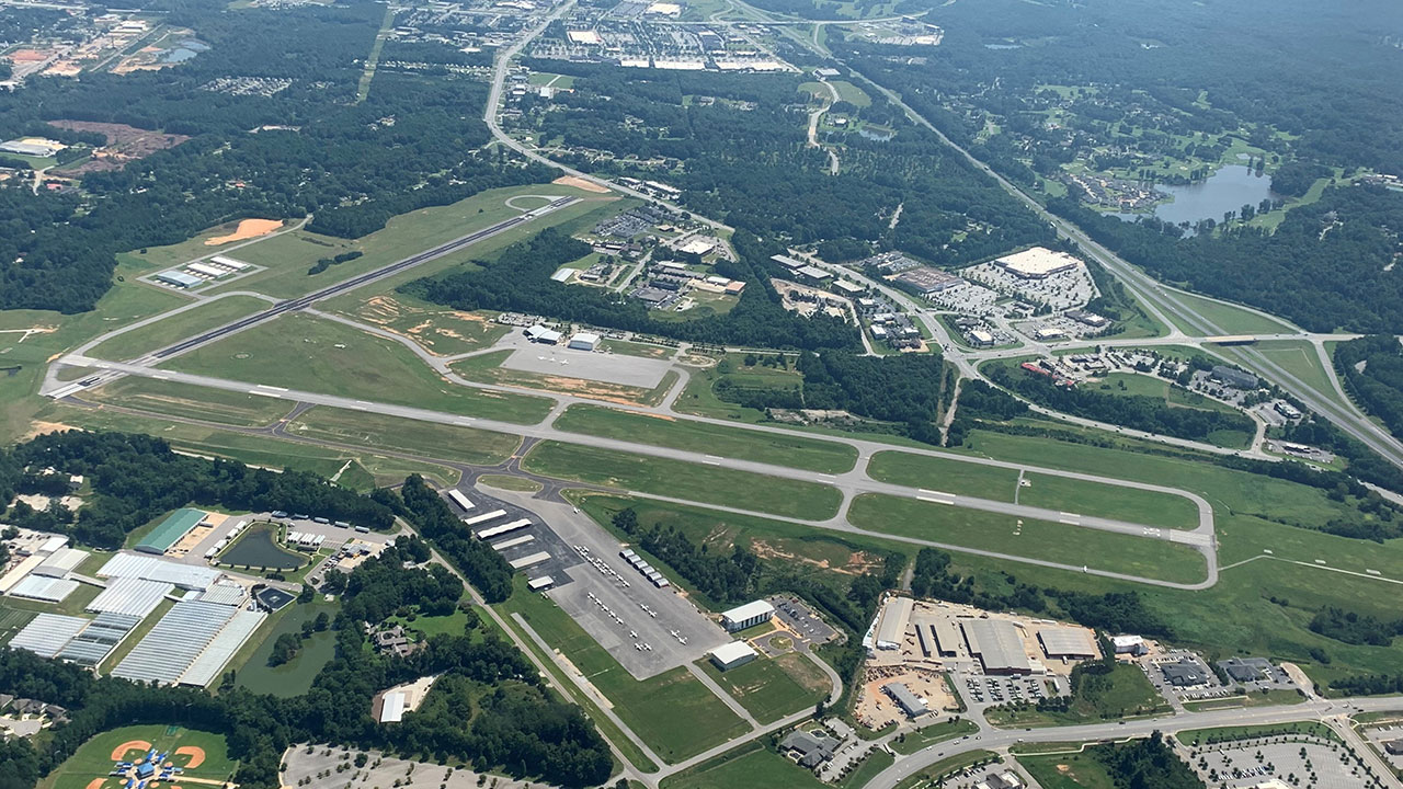 An aerial view of the Auburn University Regional Airport