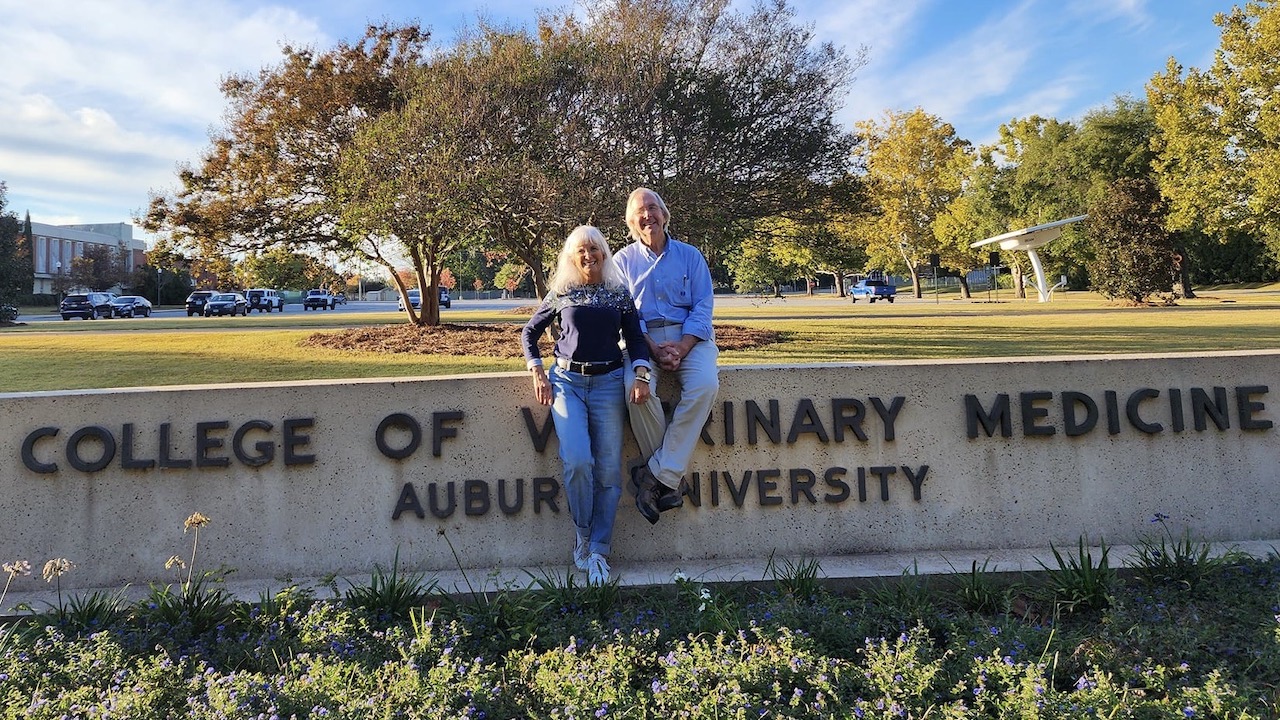 Woman and man sit on sign on Auburn University campus