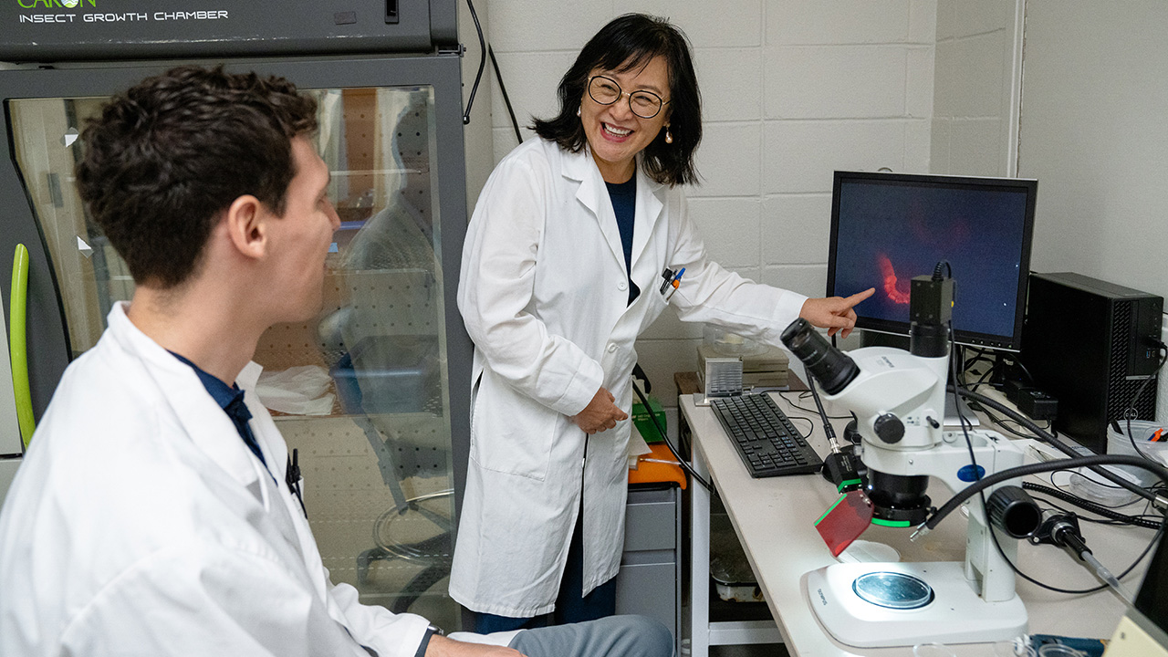 A faculty member and a student work in the laboratory together.
