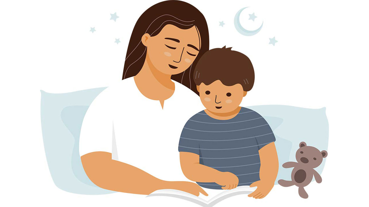 A graphic that shows a mom reading to her child.