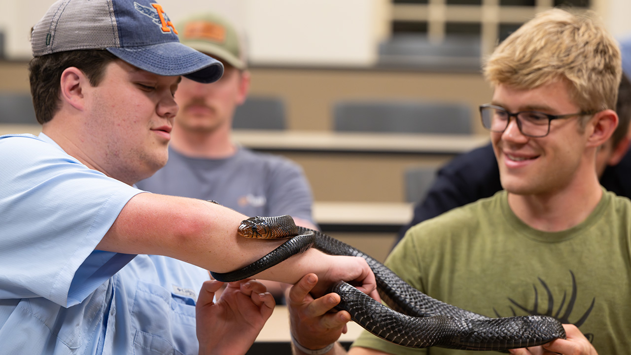 Two young men smile as they hold a snake