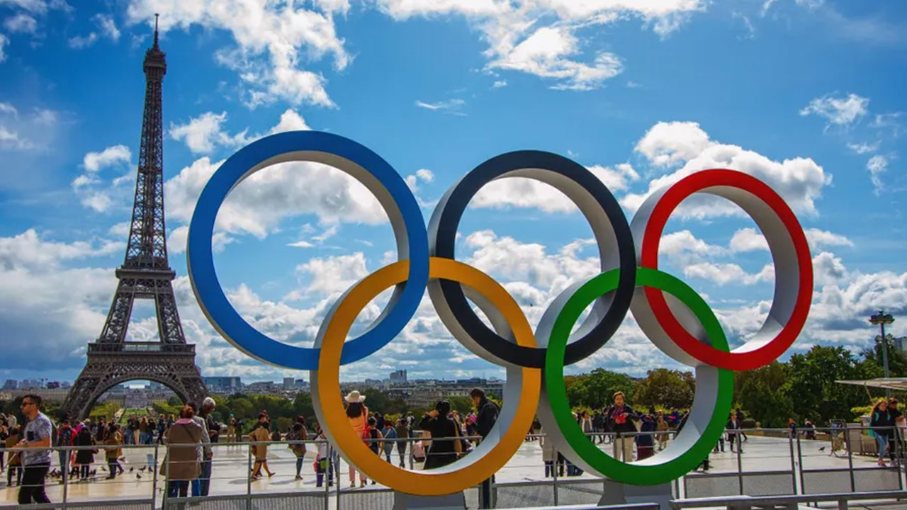 The Olympic rings and the Eiffel Tower in Paris