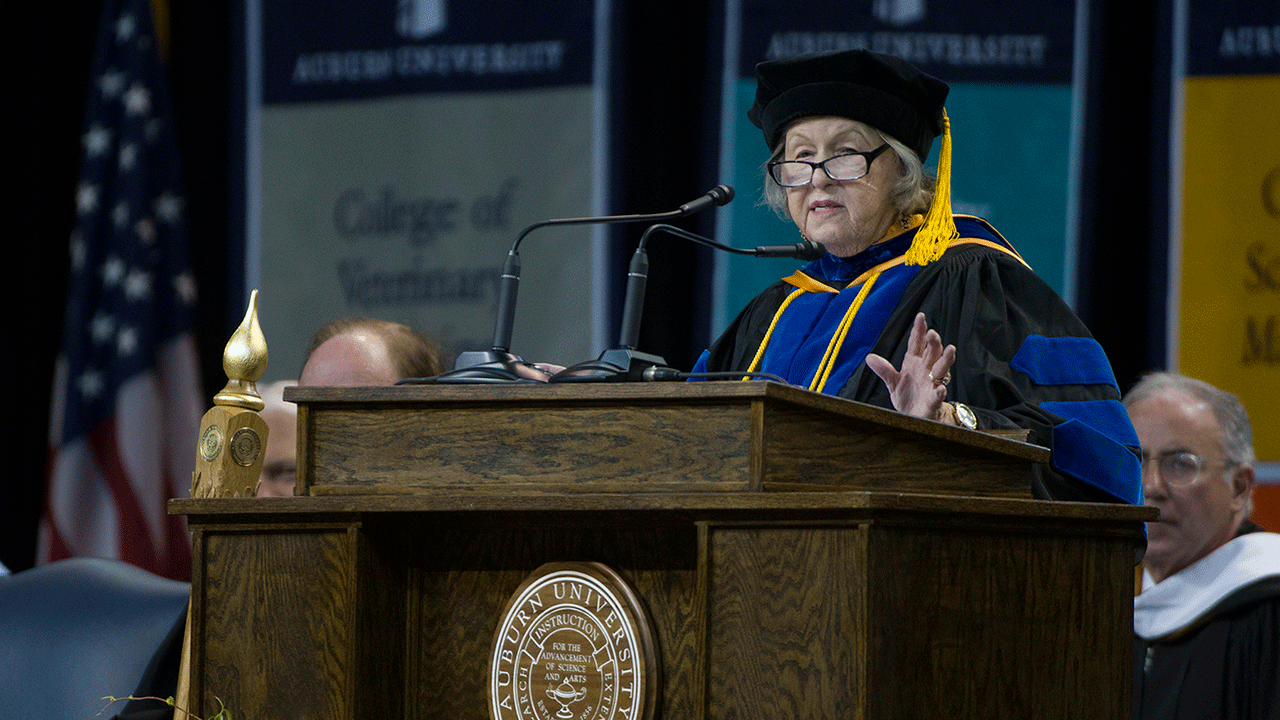 Leah Rawls Atkins speaks at an Auburn graduation ceremony.