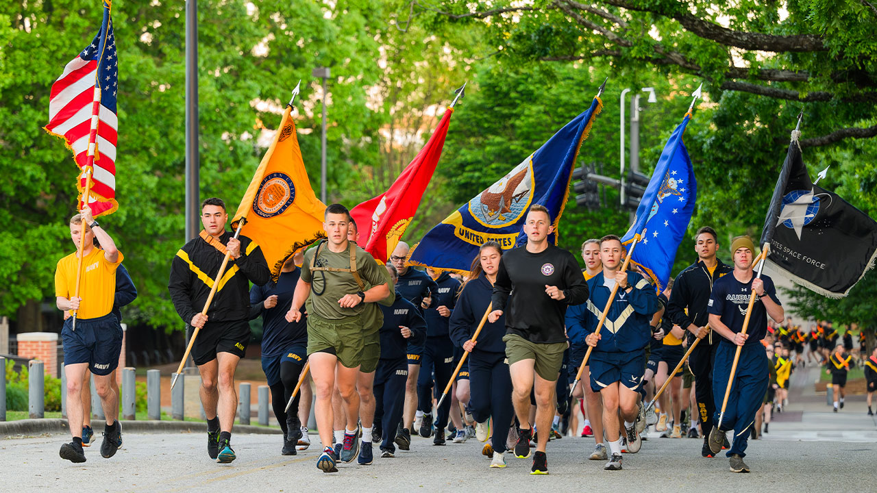 members of the ROTC at Auburn participate in a run