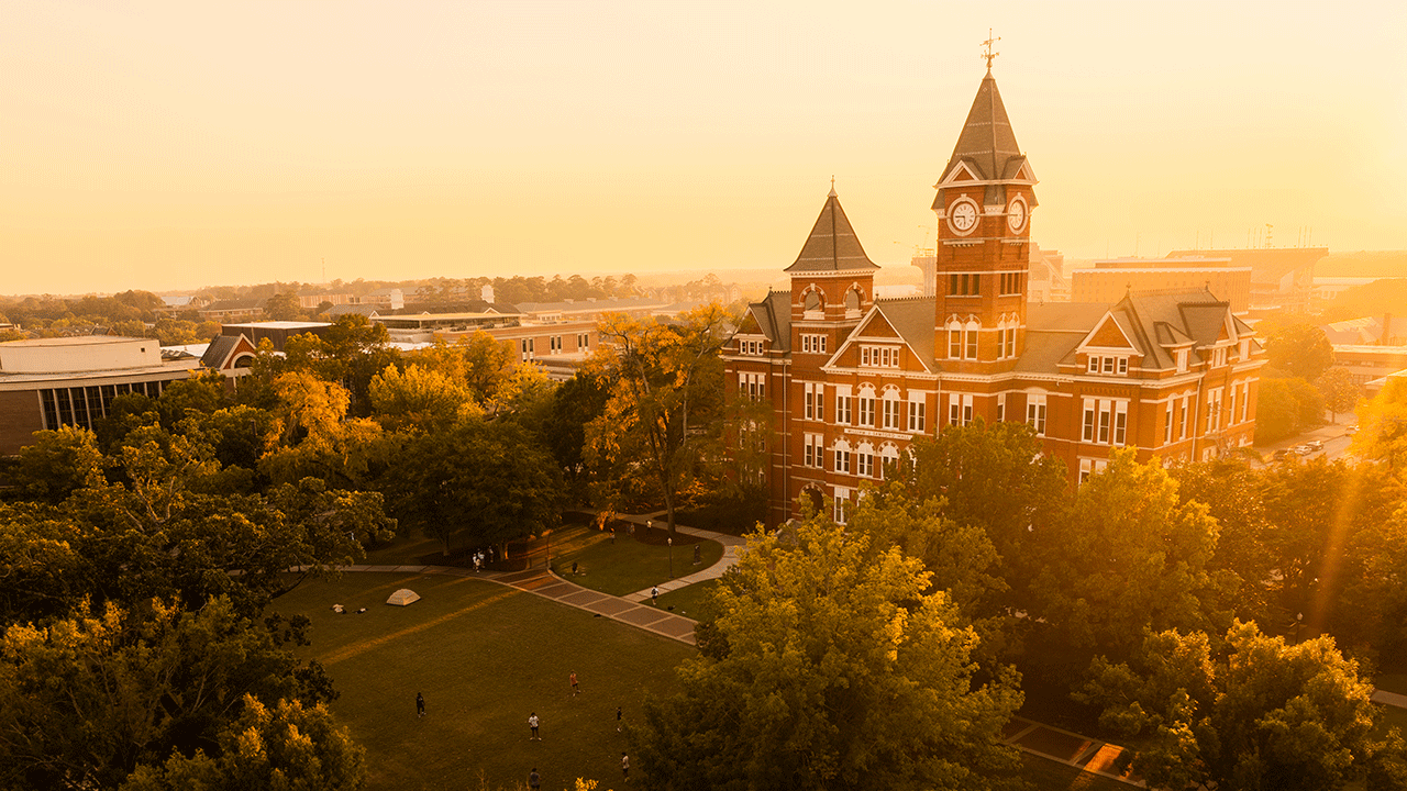 Samford Hall in the warm sunlight.