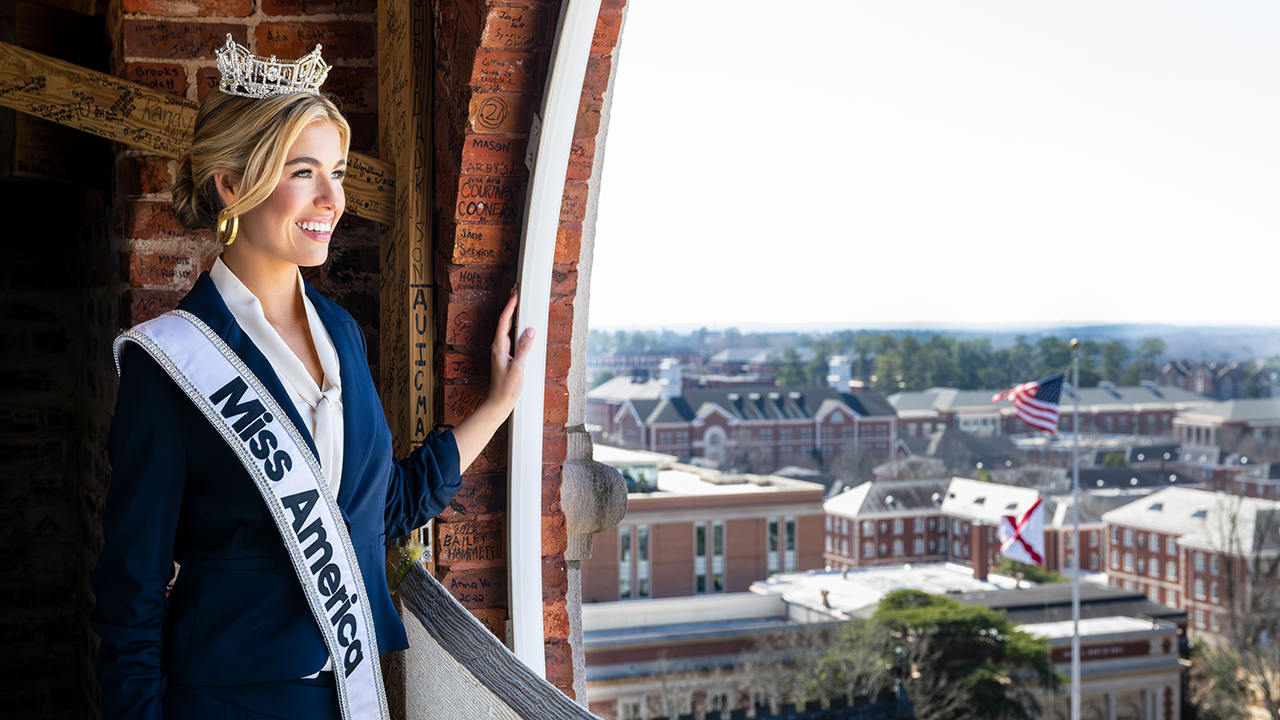 Miss America looking out of the Samford Hall clock.